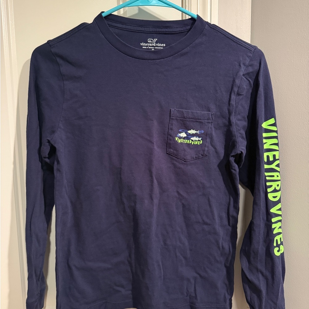 Vineyard Vines Navy Long Sleeve Tee with Neon Green Logo